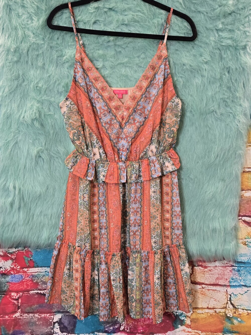 Flying Tomato Orange Green and Pink Floral Spaghetti Strap Dress Size M - Picture 2 of 8